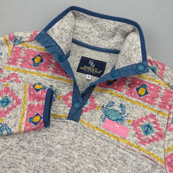 Simply Southern Pullover Womens Small Gray Pink Blue Crab Print Aztec Preppy - Picture 1 of 12
